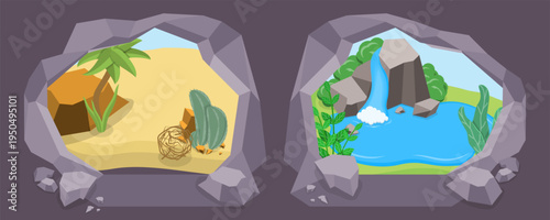 3D Isometric Flat Vector Illustration of Cave From Inside, Panoramic Vista From Stone Cave Entrance