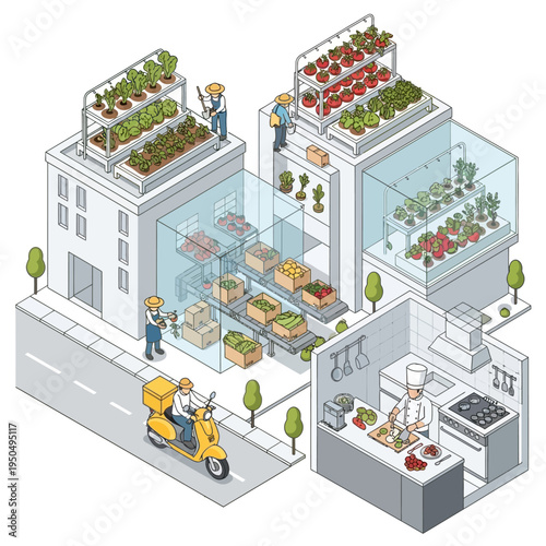 Urban farming concept showcasing vertical farms on rooftops and within buildings, supplying fresh produce to a local market and restaurant with delivery services.