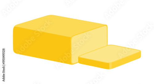 A block of cheese with a slice cut off on a plain background