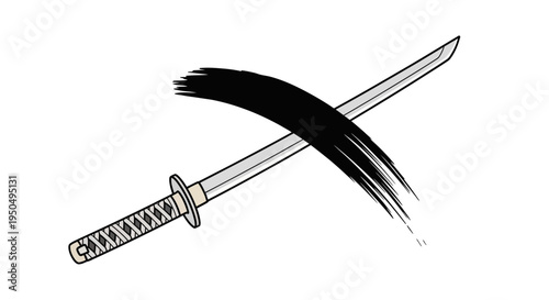 Japanese Katana Sword Crossed with Black Ink Brush Stroke