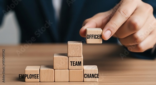 Businessperson places final wooden block spelling out career progression atop stacked structure