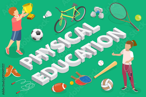 3D Isometric Flat Vector Illustration of Physical Education, Cute Cartoon Style Poster