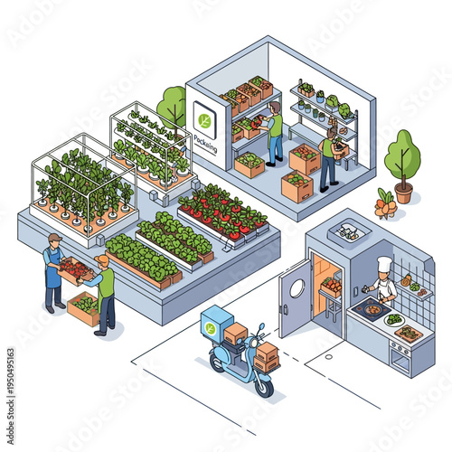 Isometric illustration depicting a modern urban farm with vertical growing systems, a greenhouse, a storage area, a kitchen, and a delivery scooter, showcasing a farm-to-table concept.