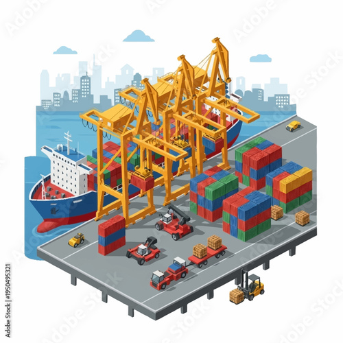 Isometric Container Ship Loading at Busy Port with Cranes and Trucks.