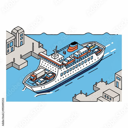 Ferryboat carrying vehicles and passengers in a harbor.