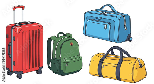 A colorful illustration of various luggage and travel bags on a white background