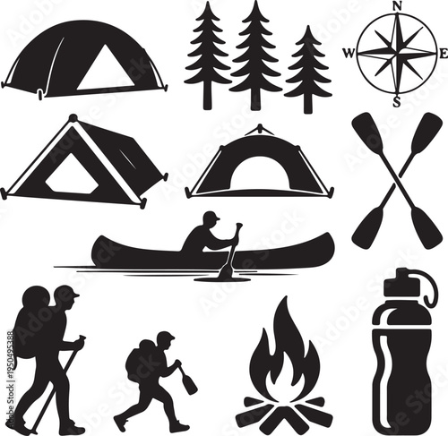 Minimalist Camping and Hiking Vector silhouette Icon Set