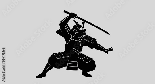 Silhouette of a Samurai Warrior in Dynamic Pose with Katana Sword