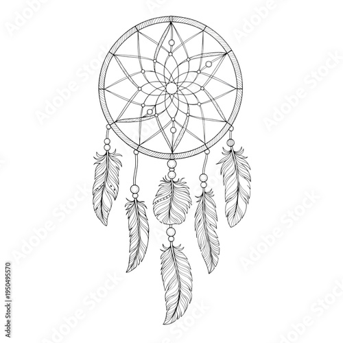 A dreamcatcher with feathers and beads on a transparent background