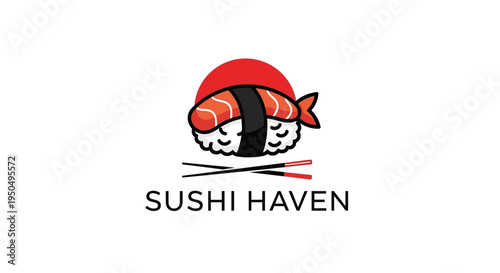 Sushi Haven Logo: Cute Salmon Nigiri with Chopsticks and Red Sun Icon