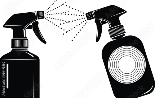 Spray bottle silhouettes set, cleaning spray container icons, household disinfectant sprayer, liquid mist spray tool, cleaning equipment illustration