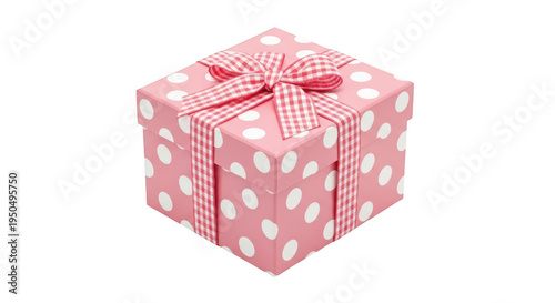 A pink gift box with white polka dots and a ribbon isolated on transparent background