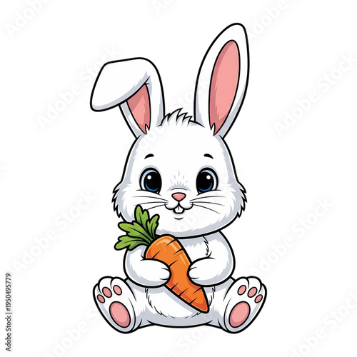 A cute cartoon white rabbit holding a carrot on transparent background