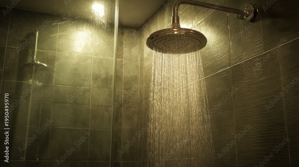 Obraz premium Calm spa-inspired shower scene with water flow and steam in a private bathroom