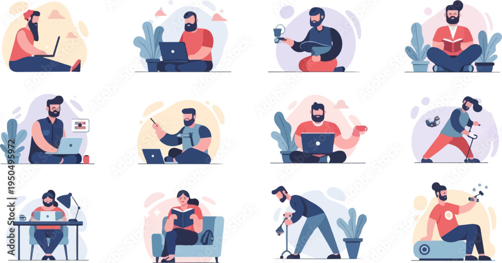 Fototapeta premium Diverse individuals engaged in various activities, using technology and enjoying leisure