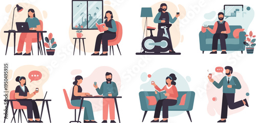 Diverse individuals engage in various modern activities and leisure pursuits