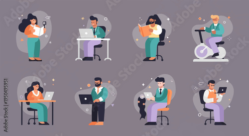 Diverse individuals engage in work, reading, and fitness activities in a studio setting