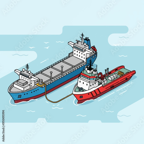 Illustration of two ships connected by a hose at sea.