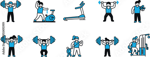 A set of eight illustrations of people performing various exercises isolated on transparent background
