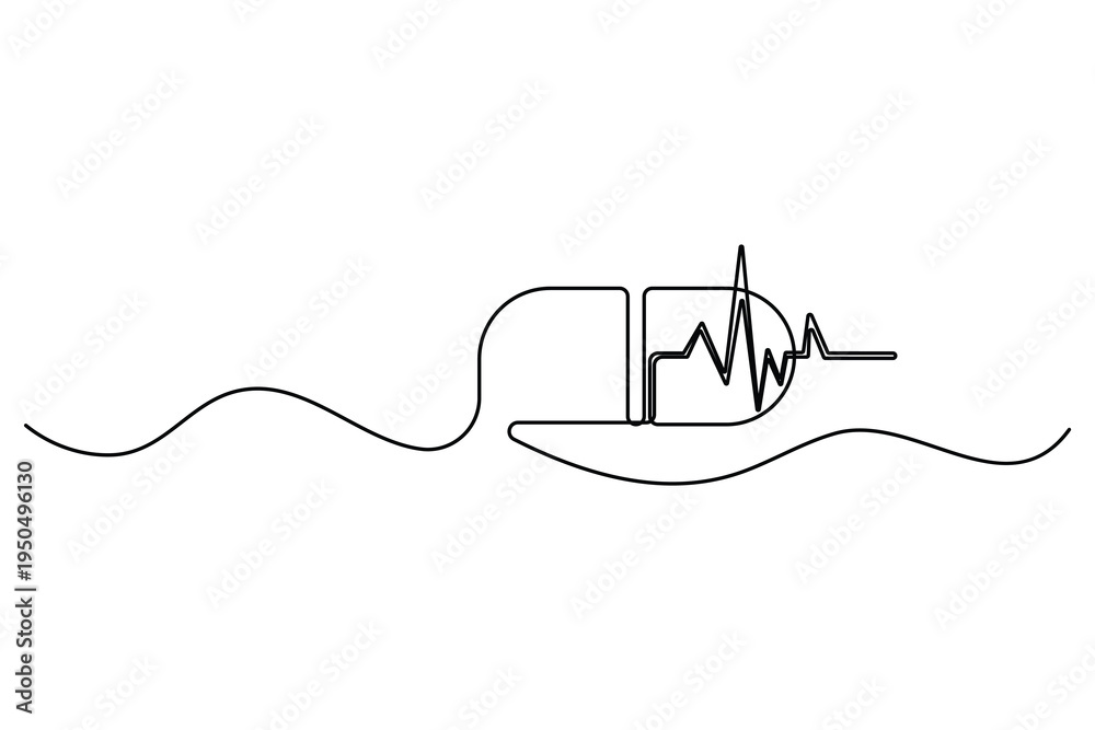 Obraz premium Minimalist monoline pill capsule with cardiogram pulse line modern medical vector design 