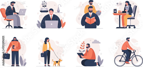 Diverse individuals engaged in work, leisure, and outdoor activities