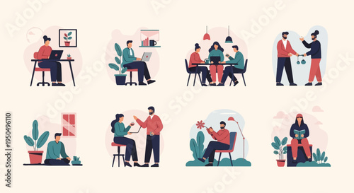 Diverse people engage in various activities like working, discussing, and reading