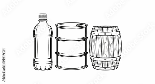 A plastic bottle, metal drum, and wooden barrel are drawn