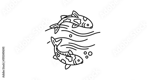 Koi fish swimming in water, line art