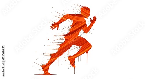 A dynamic silhouette of a human runner depicted with vibrant orange and red paint splatter effects