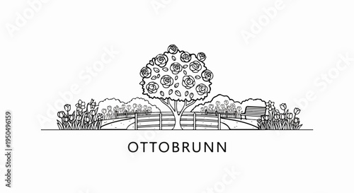 A black and white line drawing of a park scene with a rose tree and flower beds