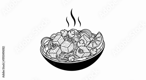 A steaming bowl of hearty seafood noodles with fresh herbs and citrus