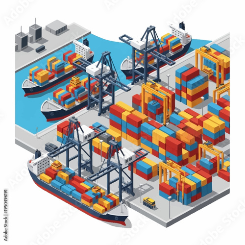 Isometric Container Port with Ships and Cranes.