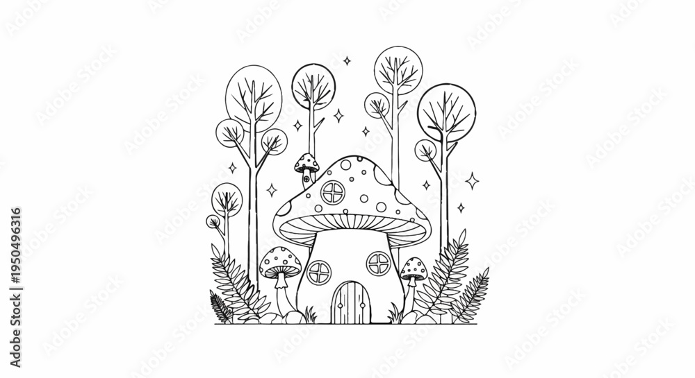 Naklejka premium Whimsical mushroom house with stylized trees and magical stars