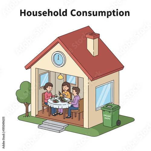 Illustration of a family enjoying a meal together inside their home, with a recycling bin outside.