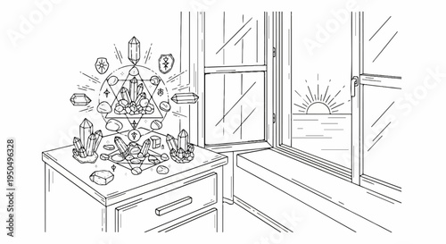 A table displays crystal formations and mystical symbols near a window with a sunrise over water