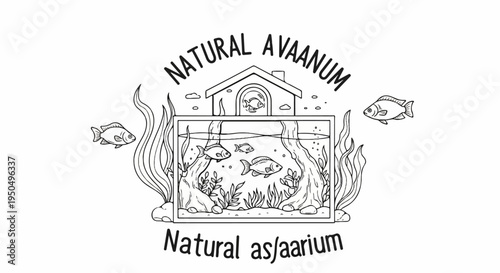 Whimsical fish swim in a tank, surrounded by plants and a house