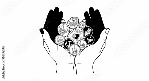 Two hands cradle a collection of ancient fossils and circular emblems of landmarks
