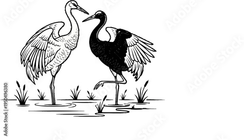 Two cranes, one black, one white, stand in shallow water with reeds