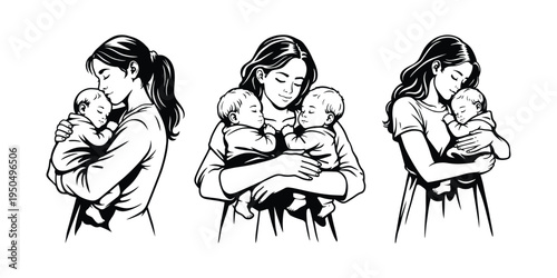 Mother Holding Newborn Baby, Tender Motherhood Line Art Illustration Set