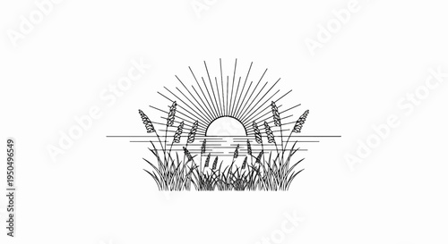 Stylized sunrise over water with reeds in foreground