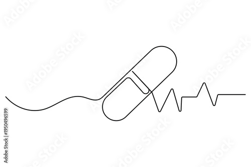 Minimalist monoline pill capsule with cardiogram pulse line modern medical vector design
