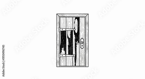 A dark, rustic wooden door with metal hinges and a knob