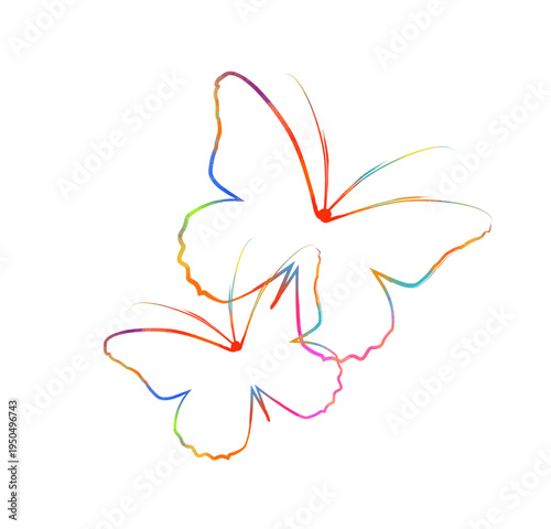Butterfly with a brush line. Butterfly colored silhouette, art brush instead of body, flat vector, isolate on white, contour drawing, Hand drawn. Not AI