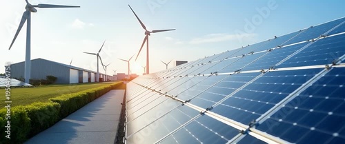 Solar panels glisten under the sun as the camera gently pans past a city skyline, with clouds drifting in the sky, capturing a cinematic view of renewable energy and sustainable infrastructure.
