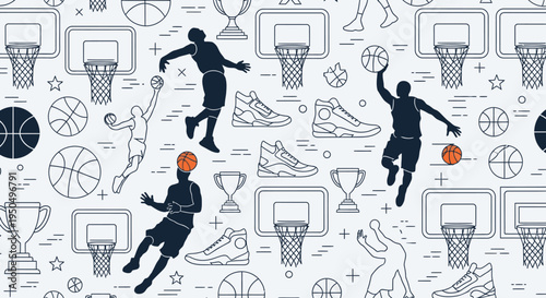 Basketball themed seamless pattern featuring hoops players and equipment