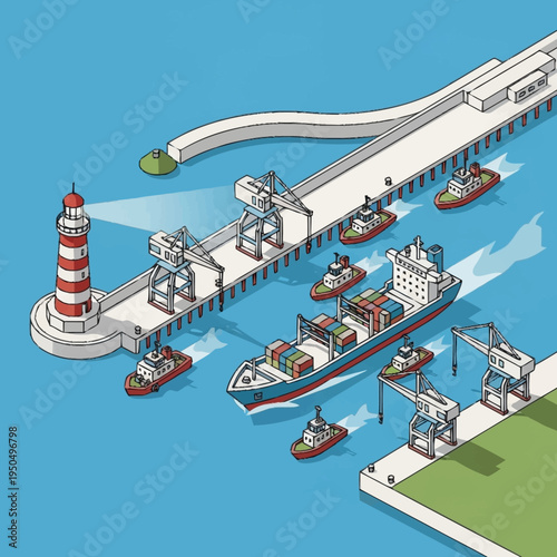 Container Ship Docked at Industrial Port with Tugboats.