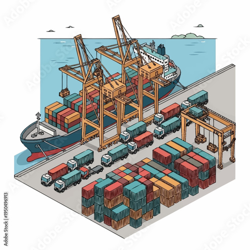 Container Ship Loading and Unloading at Port with Cranes and Trucks.