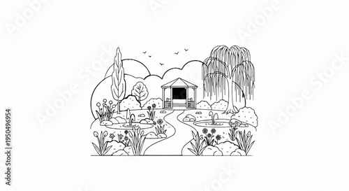 A charming garden scene with a gazebo, ponds, and trees