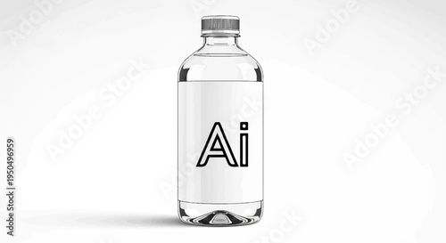 A clear liquid fills a glass bottle with a blank white label and metallic cap