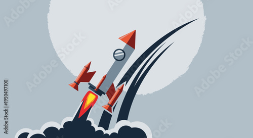 Cartoon rocket launch against a grey background with a large white moon